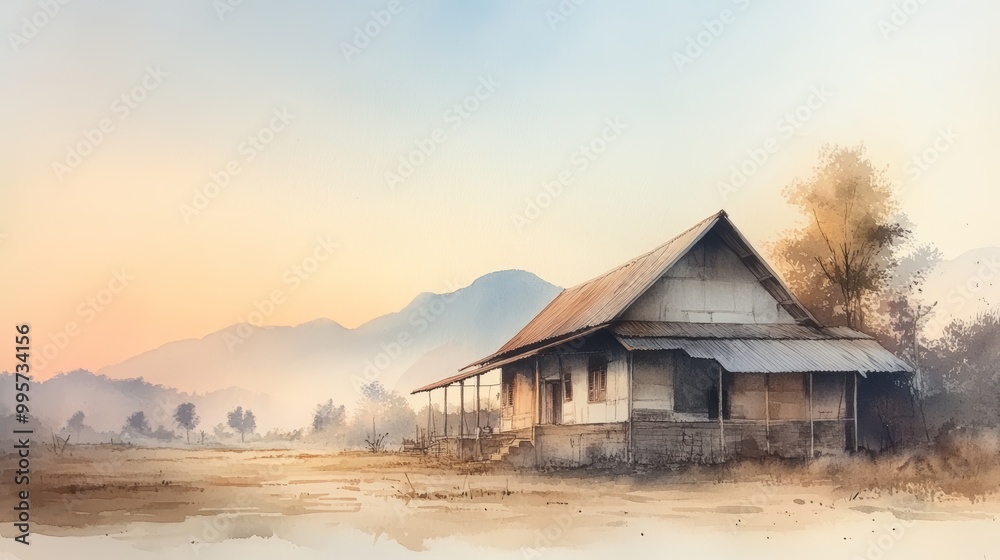 Fototapeta premium A quaint rural house with a porch sits on a dusty path, with mountains in the distance. The sunrise casts a warm glow on the scene.
