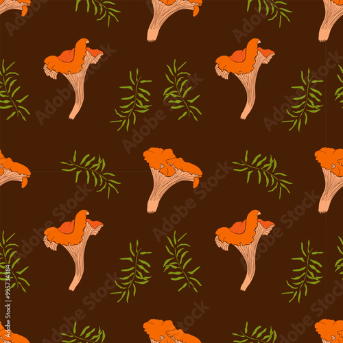 Chanterelle Mushrooms and moss seamless pattern. Edible fungus repeat background. Autumn forest picking endless design. Vector hand drawn illustration on brown background.