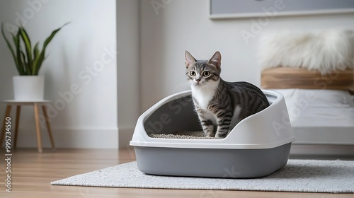 Cat sitting in a litter box with a curious expression.