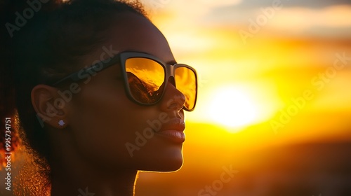 Woman with Sunglasses Looking at Sunset.