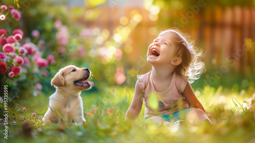 Young Child Enjoying Playful Laughter with Puppy in Sunlit Backyard Garden