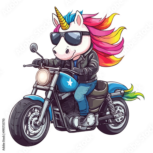 Vector Cartoon unicorn riding motorcycle