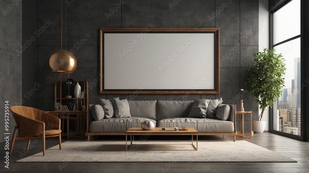 Living room interior with sofa, plant and blank poster. 3d render Living room interior with sofa, plant and blank poster. 3d render