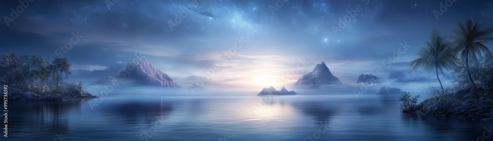 Mystical foggy landscape with mountains and a lake at sunrise. Mystical foggy landscape with mountains and a lake at sunrise.