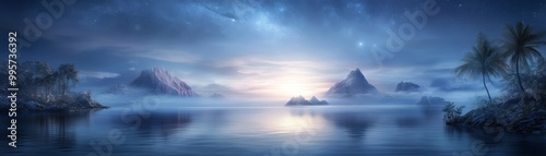 Mystical foggy landscape with mountains and a lake at sunrise.