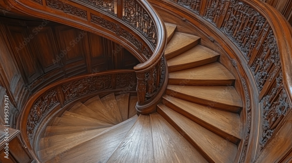 Elegant wooden staircase showcasing intricate handrails in a luxurious home setting with warm lighting Elegant wooden staircase showcasing intricate handrails in a luxurious home setting with warm lighting