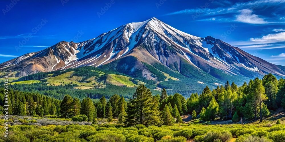 Obraz premium The magnificent Mount Rose in Nevada stands tall, embraced by lush greenery and illuminated by a clear blue