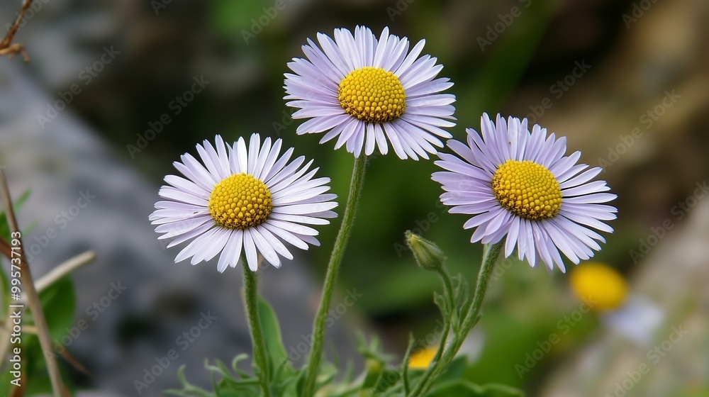 Delicate purple daisies blooming in a lush green garden during springtime Delicate purple daisies blooming in a lush green garden during springtime