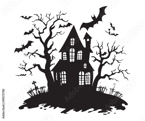 Collection silhouettes of haunted houses vector flat illustration. scary house tree and bat for Halloween