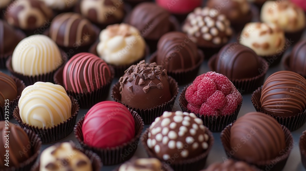 An assortment of chocolate pastries, featuring various designs and toppings, arranged in a visually appealing display An assortment of chocolate pastries, featuring various designs and toppings, arranged in a visually appealing display