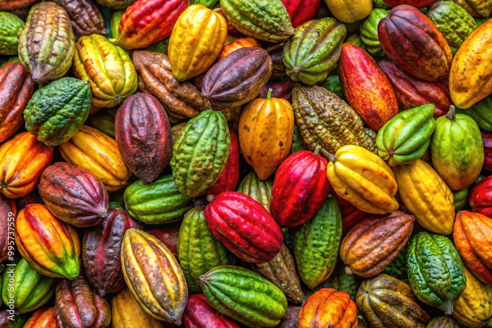 A display of unripe and ripe cacao pods overflowing with cocoa beans, showcasing the rich flavors to be extracted from these treasures.