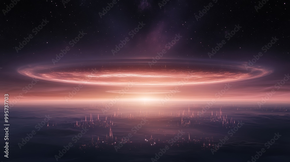 A celestial ring of light shines above a distant city at sunset, with stars twinkling in the vast night sky. A celestial ring of light shines above a distant city at sunset, with stars twinkling in the vast night sky.
