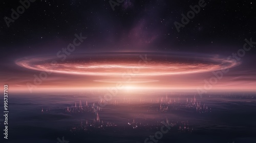 A celestial ring of light shines above a distant city at sunset, with stars twinkling in the vast night sky.