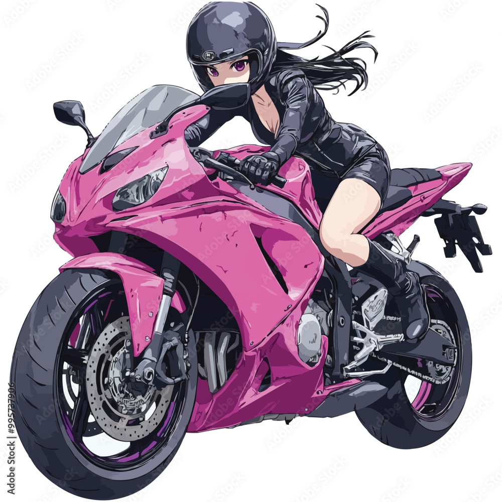 A pink motorcycle with a female rider, vector illustration
