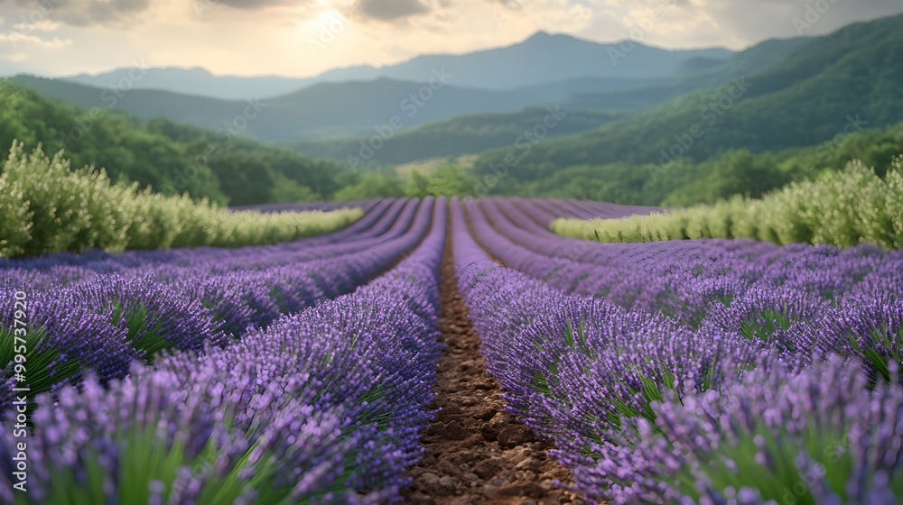 Vibrant Lavender Field in Full Bloom Stretching into the Distance Vibrant Lavender Field in Full Bloom Stretching into the Distance