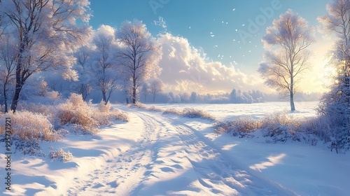 Enchanting Snowy Landscape with Bare Trees and Clear Blue Sky