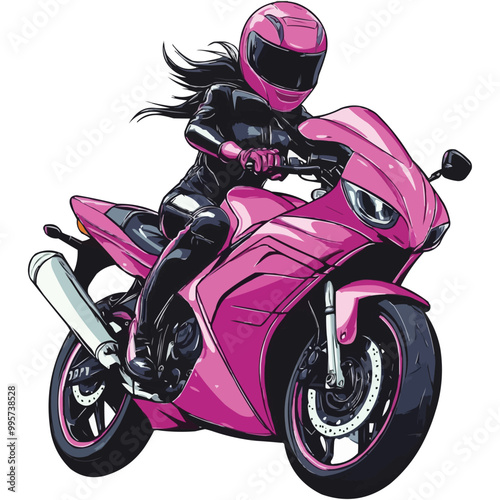 A pink motorcycle with a female rider, vector illustration