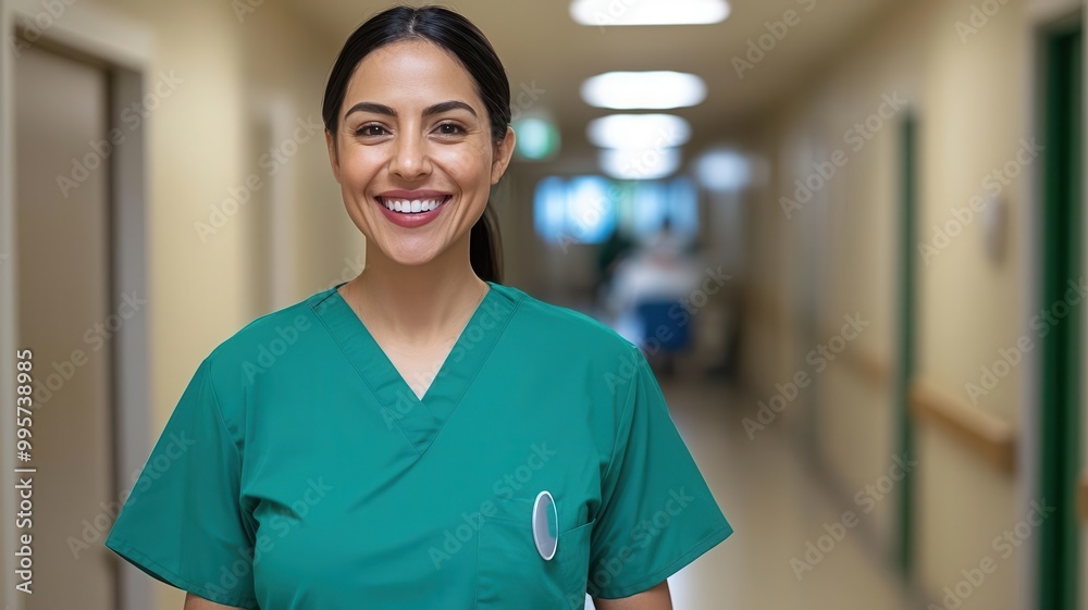 Happy nurse walking through a hospital hallway, smiling after helping a patient nurse pride, healthcare joy Happy nurse walking through a hospital hallway, smiling after helping a patient nurse pride, healthcare joy