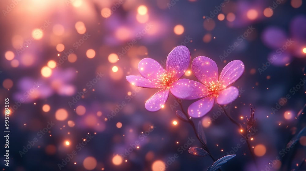 Purple Flowers With Glowing Petals And Golden Bokeh Lights Purple Flowers With Glowing Petals And Golden Bokeh Lights