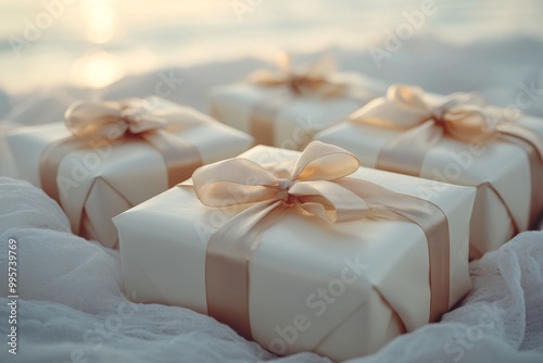 Group of neatly wrapped gift boxes with soft golden ribbons resting on snow evoking a peaceful and elegant holiday atmosphere with a frosty wintery backdrop