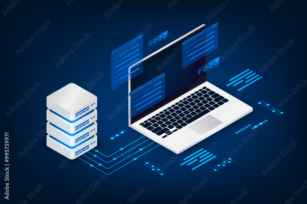Isometric server cloud storage with laptop concept. Isometric server cloud storage with laptop concept.
