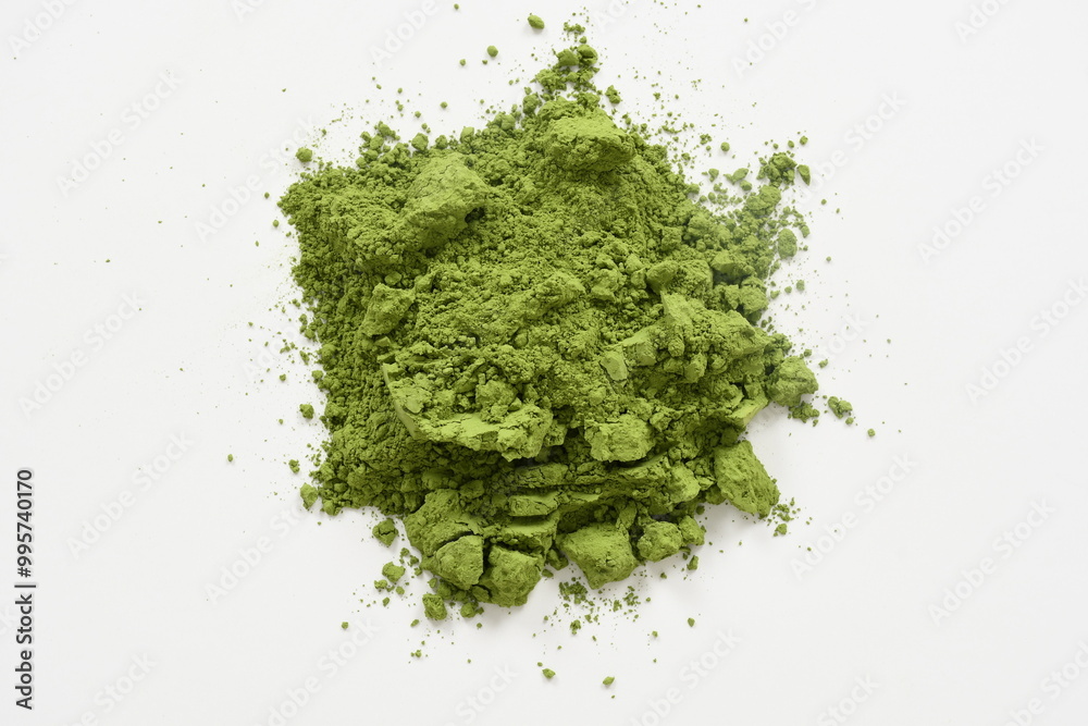 Pile of green matcha powder isolated on white, top view