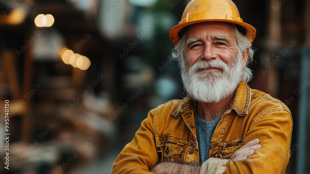 A construction worker with a gray beard and orange hard hat smiles while crossing his arms on a vibrant street filled with activity A construction worker with a gray beard and orange hard hat smiles while crossing his arms on a vibrant street filled with activity