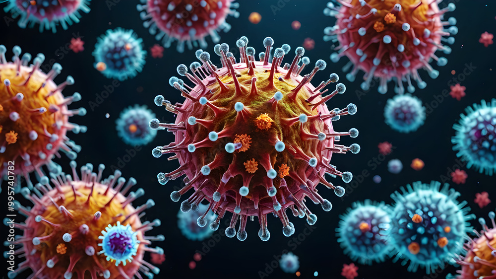 Coronavirus disease COVID-19 infection illustration. Influenza covid virus cells. New XEC Covid-19 close up. Generative AI.