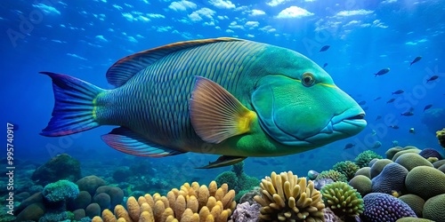 The stunning Napoleon Wrasse swims gracefully in the crystal-clear tropical waters, embodying the vibrant life of the