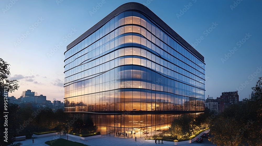 Sleek Glass Fronted High Rise Office Building in Busy City Showcasing Modern Design
