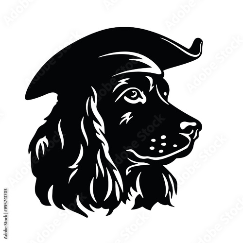 English Cocker Spaniel in pirate hat at home. Halloween costume for pet - silhouette vector illustration transparent background