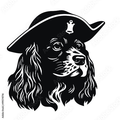 English Cocker Spaniel in pirate hat at home. Halloween costume for pet - silhouette vector illustration transparent background