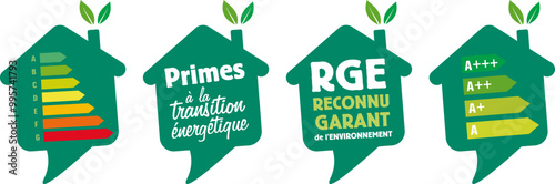 étiquette, bulle de dialogue maison, prime transition énergétique, RGE maison verte.