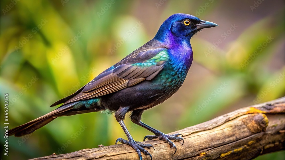 A majestic black bird with purple and blue iridescence on its rear and bronzy wings perches on a branch, beak pointed. A majestic black bird with purple and blue iridescence on its rear and bronzy wings perches on a branch, beak pointed.