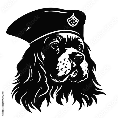 English Cocker Spaniel in pirate hat at home. Halloween costume for pet - silhouette vector illustration transparent background