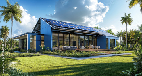 A modern blue house with solar panels on the roof, surrounded by lush green grass and palm trees. The exterior view showcases the solar panel installation