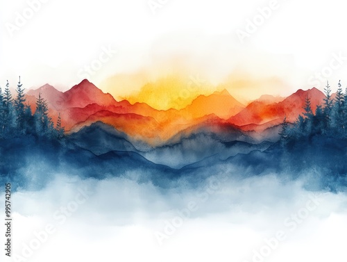 Colorful sunset over mountains with forest, watercolor style on white background.