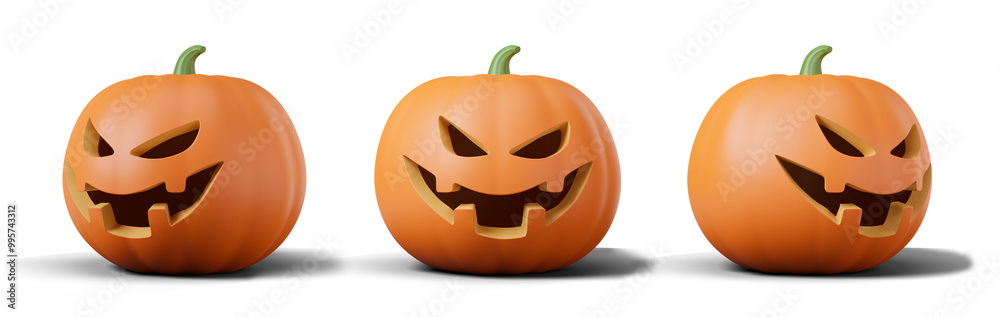 Fototapeta premium Three carved pumpkin lanterns with menacing expressions. Isolated on white background. Halloween decoration concept. 3D Rendering