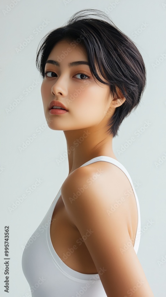 Hyper-realistic upper body photography of a sexy slender Asian female model with short shawl hair, wearing a white sports tank top and looking at the screen, set against a pure white background Hyper-realistic upper body photography of a sexy slender Asian female model with short shawl hair, wearing a white sports tank top and looking at the screen, set against a pure white background