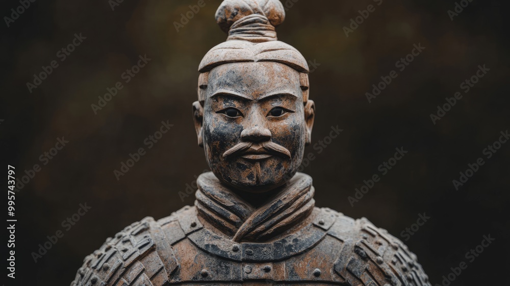 a full-body Terracotta Army soldier with distinct single eyelids, emphasizing intricate armor details and standing upright, showcasing sharp focus on facial features, textures, and the artistry a full-body Terracotta Army soldier with distinct single eyelids, emphasizing intricate armor details and standing upright, showcasing sharp focus on facial features, textures, and the artistry