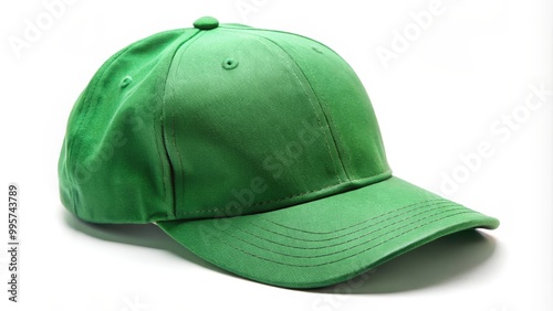 Green baseball cap is lying on a white background, providing ample space for your message or design