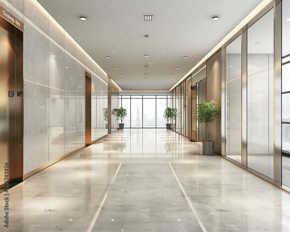 Modern Office Building Corridor with Natural Light and Indoor Plants Modern Office Building Corridor with Natural Light and Indoor Plants