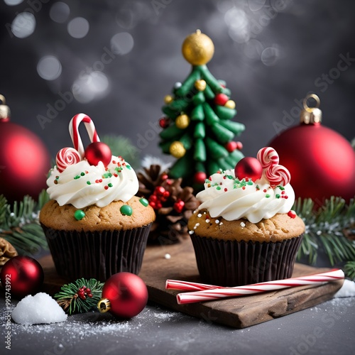 Festive Xmas cupcakes. Xmas balls, Santa's cane, Christmas tree branches, sweets, candies and other funny attributes of the winter holiday. The idea for a festive table, invitation, banner, post on a 