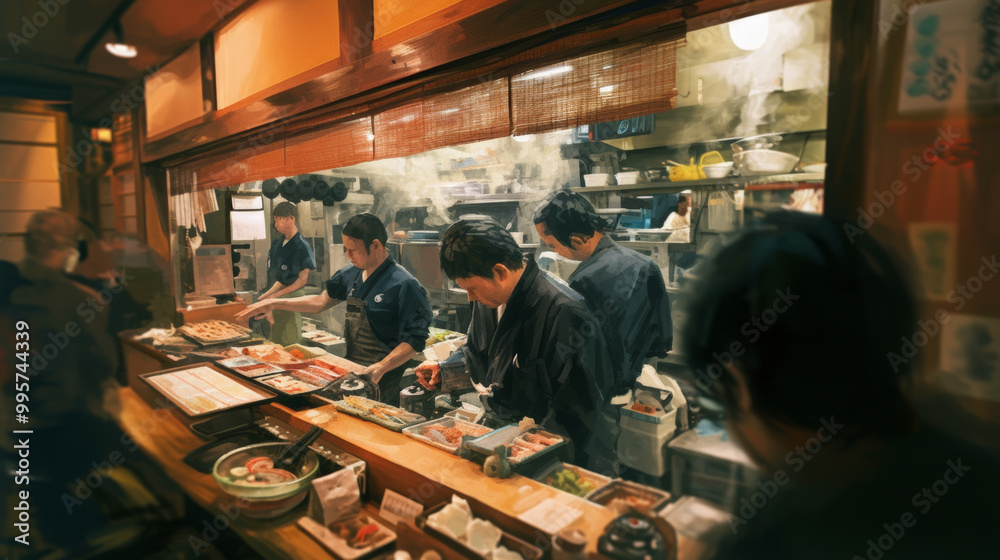 Fototapeta premium A bustling restaurant kitchen filled with chefs preparing various dishes, steam rising from cooking area, creating warm and inviting atmosphere. scene captures essence of culinary artistry and teamwor