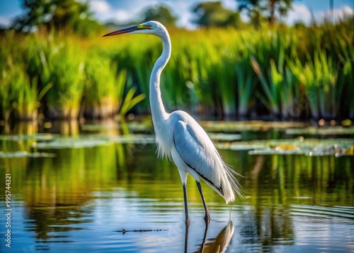 A majestic wading bird stands tall in serene wetlands, its white and black feathers glistening in the sun, eyes scanning the calm waters below.