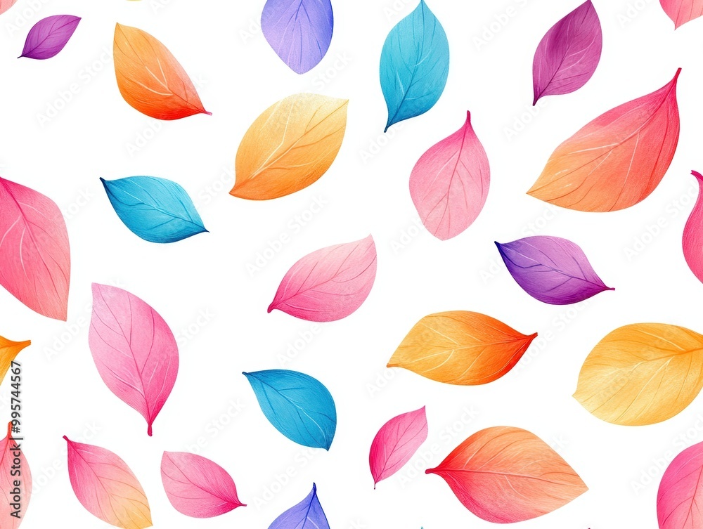 Obraz premium Colorful watercolor leaves scattered on a white background.
