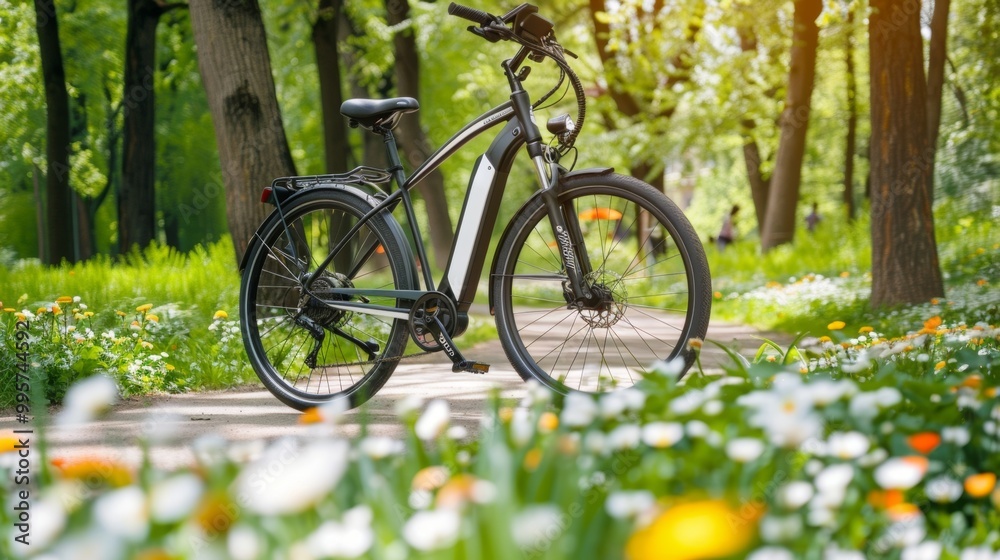 Fototapeta premium Bicycle in the Park Surrounded by Blooming Flowers