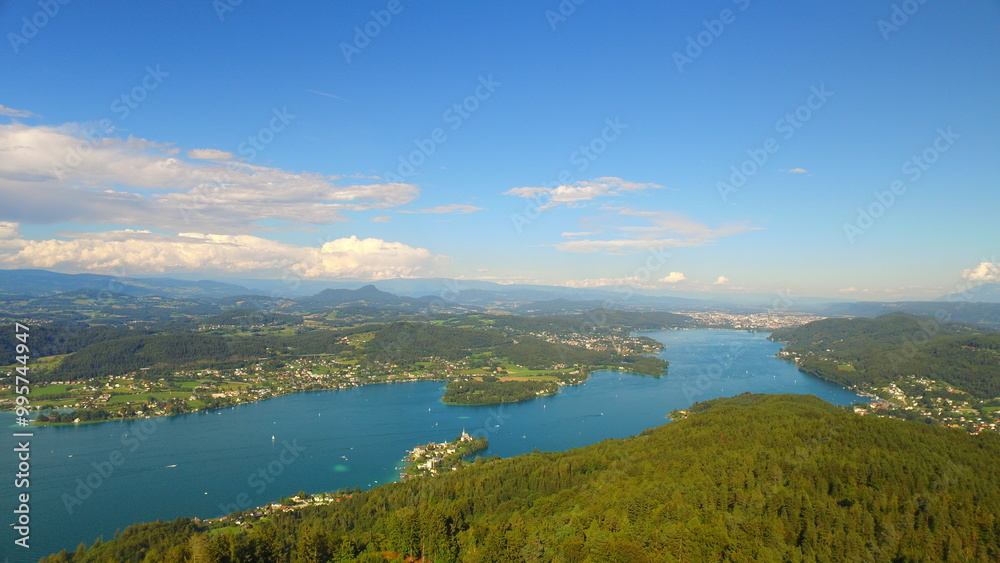 Obraz premium View from the tallest world wooden tower, Austria/Osterreich, Klagenfurt. 300 ft tall.