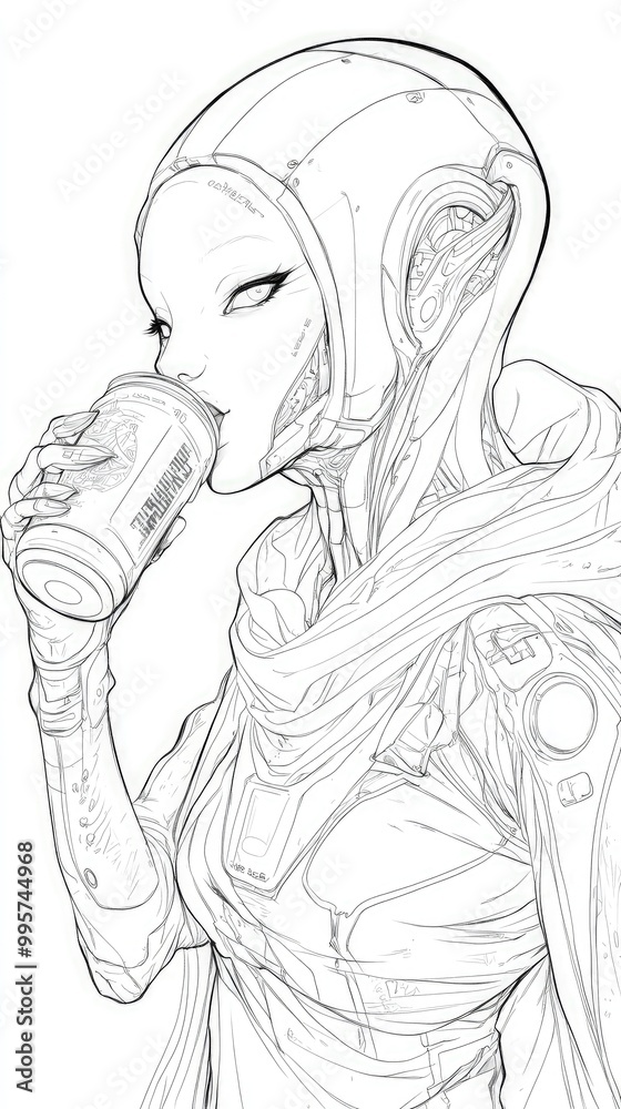Line drawing of a female alien overlord drinking soda with stylized ...
