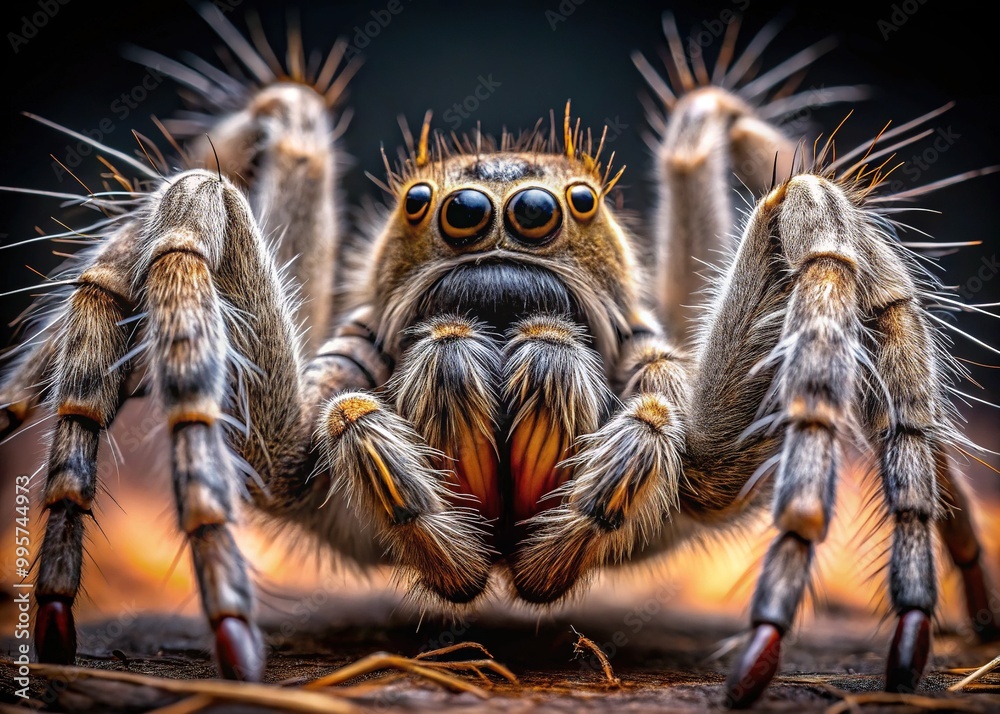 * Amidst the intricate web, a large, furry spider rears up on its eight legs, its sharp fangs bared in a menacing posture. * Amidst the intricate web, a large, furry spider rears up on its eight legs, its sharp fangs bared in a menacing posture.